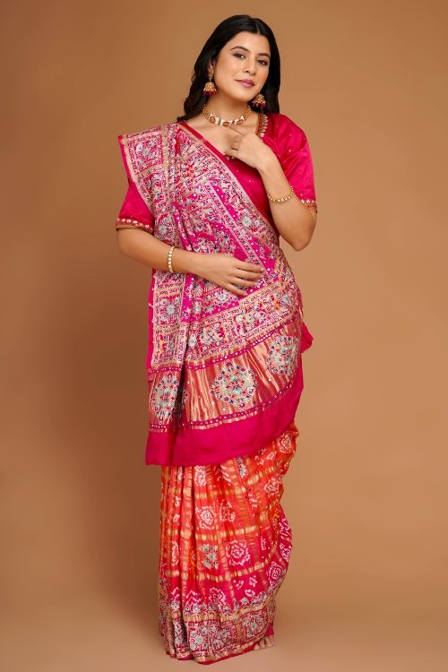 Pink Shaded Traditional Gharchola in Gaji Silk with Applique Embroidery