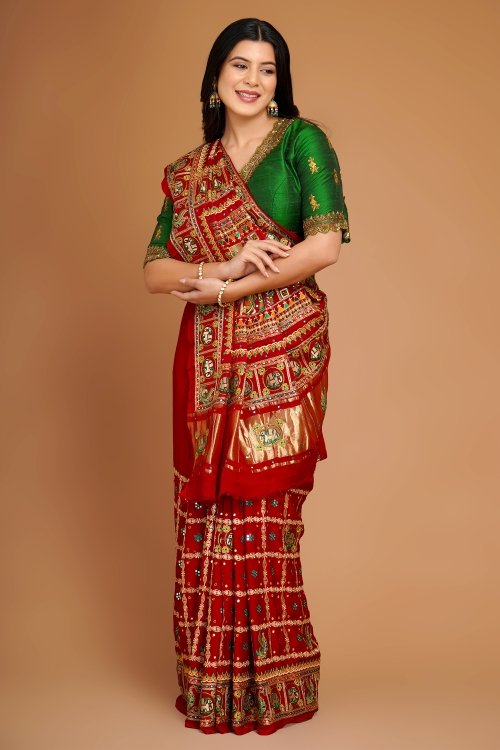 Maroon Checks Embroidered Bridal Gharchola Saree in Silk with Elephant and Peacock Motifs