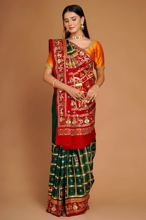 Green Checks Embroidered Gharchola Saree in Silk with Contrast Border and Pallu