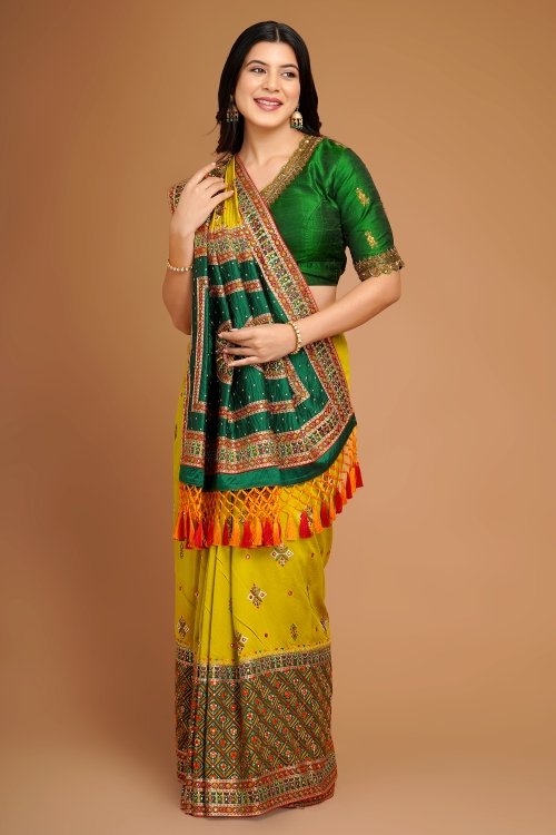 Olive Green Silk Broad Embroidered Border Saree with Tassels