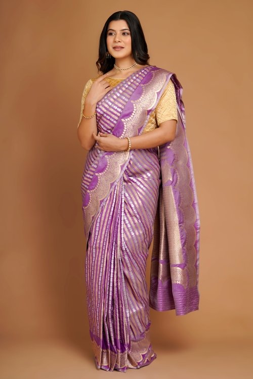 Light Purple Traditional Two Toned Woven Stripes Saree in Art Silk