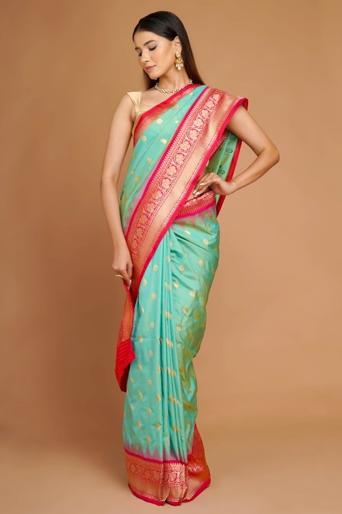 Sea Green Traditional Woven Saree in Silk with Patola Pallu and Floral Motifs Border