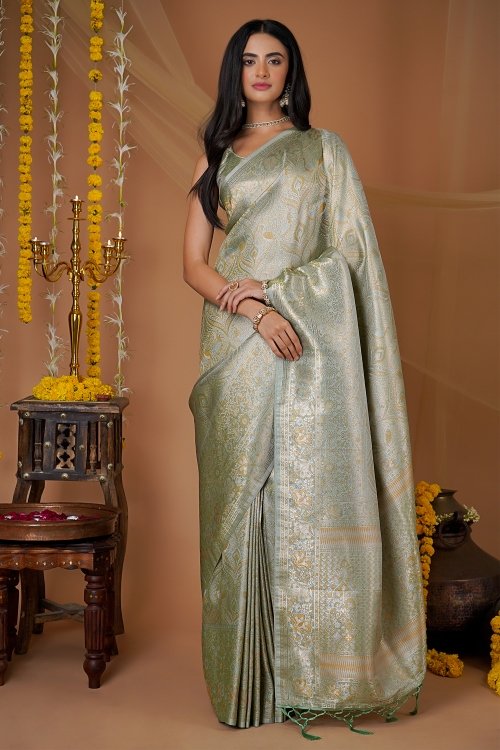 Pista Green Traditional All Over Woven Saree in Art Silk