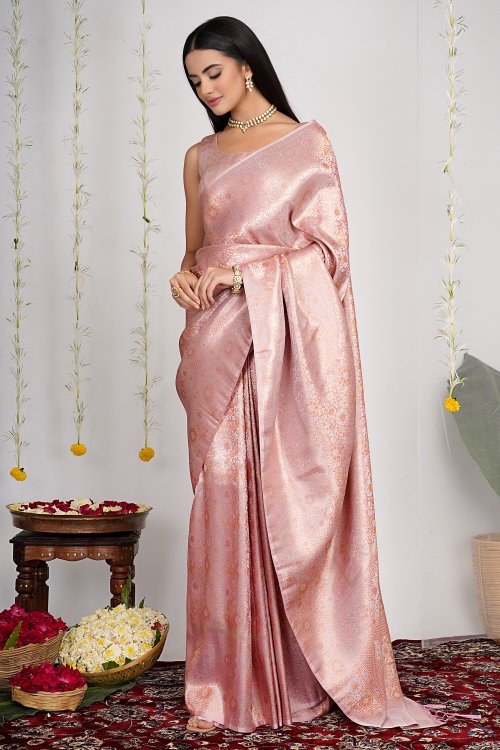 Light Pink Traditional All Over Woven Saree in Art Silk