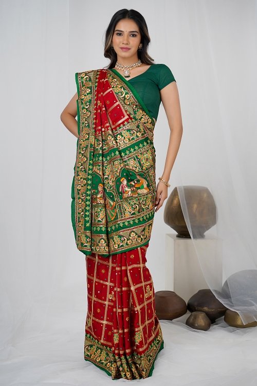 Maroon Checks Traditional Gharchola Saree in Silk with Embroidered Peacock Motifs