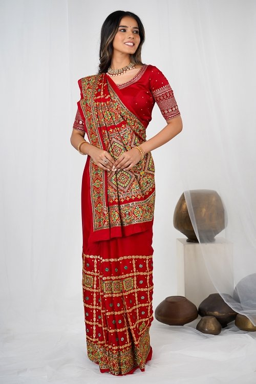 Maroon Checks Embroidered Gharchola Saree in Silk with Contrast Border and Pallu
