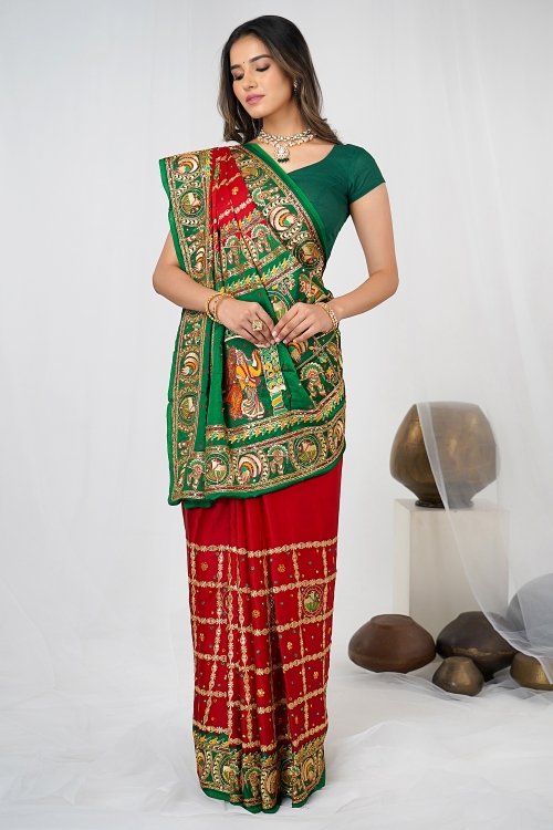 Red Traditional Bridal Gharchola Saree in Silk with Embroiderey and Mirror Work