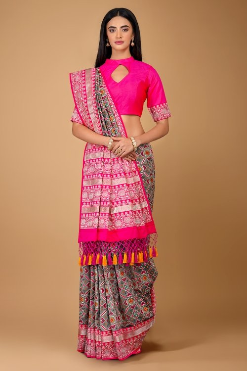 Grey Embroidered Patola Saree in Silk with Contrast Border and Pallu