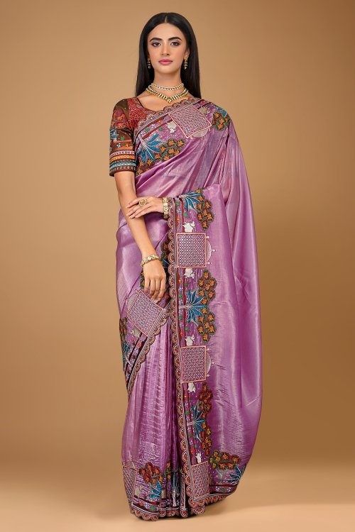 Mauve Organza Silk Saree with Embroidery and Scallop Border