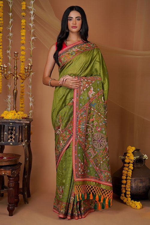 Olive Green Tussar Silk Saree with Embroidery and Cutdana Work