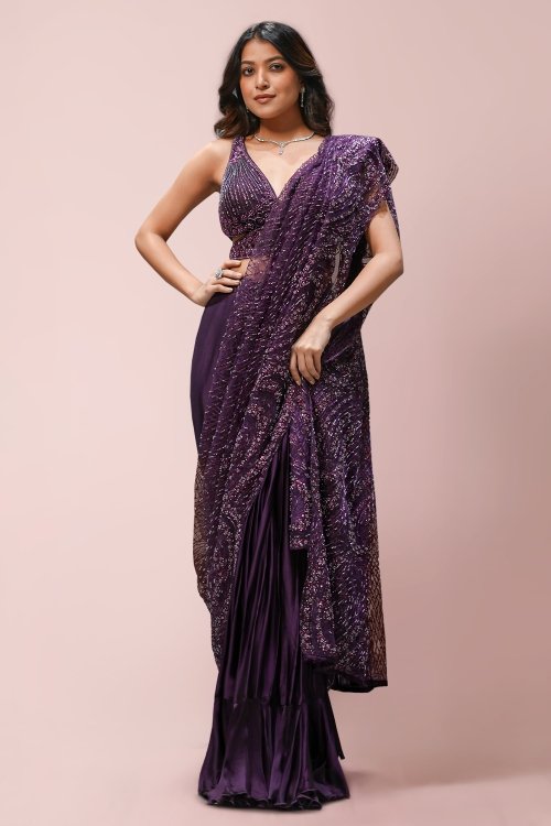 Wine Purple Embellished Pre Stitched Saree in Net Satin