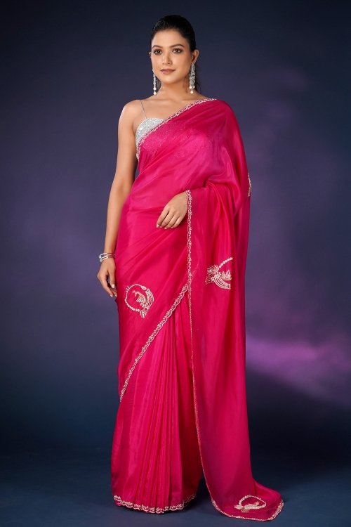 Rani Pink Tissue Silk Saree With Scallop Cutdana Border