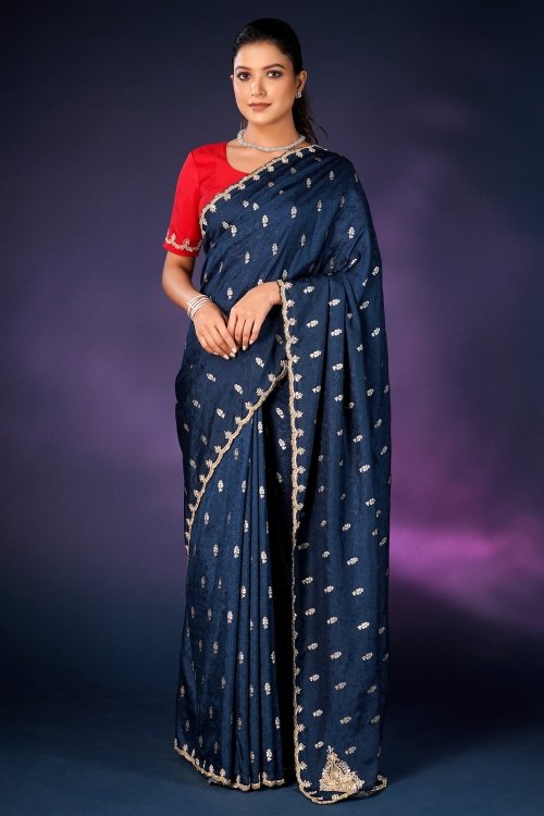 Peacock Blue Embroidery and Sequins Work Saree in Art Silk