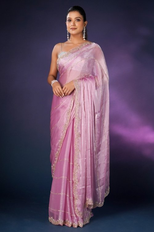 Pink Cutdana Worked Saree in Organza