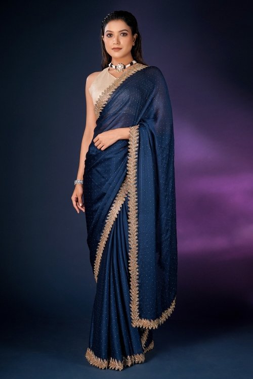 Rama Blue Chiffon Silk Cutdana Worked Saree