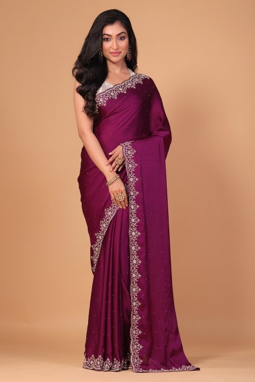 Wine Satin Silk Handworked Border Saree