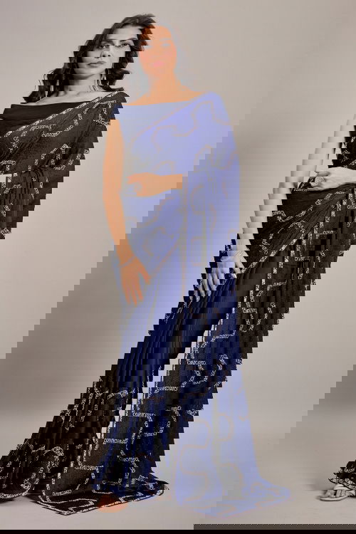 Navy Blue Crepe Satin Silk Diamond and Swarovski Embellishment Saree