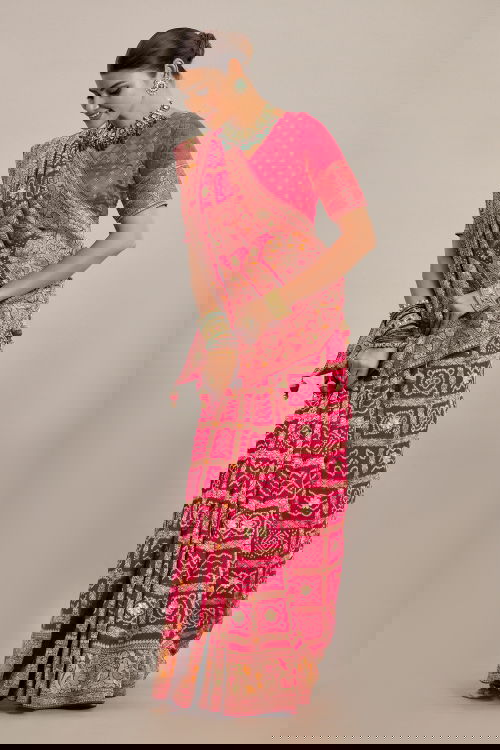 Pink Georgette Checks Bandhej Woven Saree with Pitta and Cutdana Work