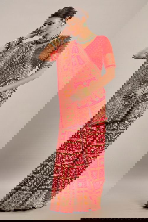 Red Georgette Checks Bandhej Woven Saree with Pitta and Cutdana Work