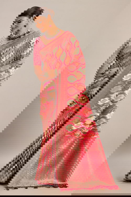 Pink and Multi Colored Satin Silk Woven Saree
