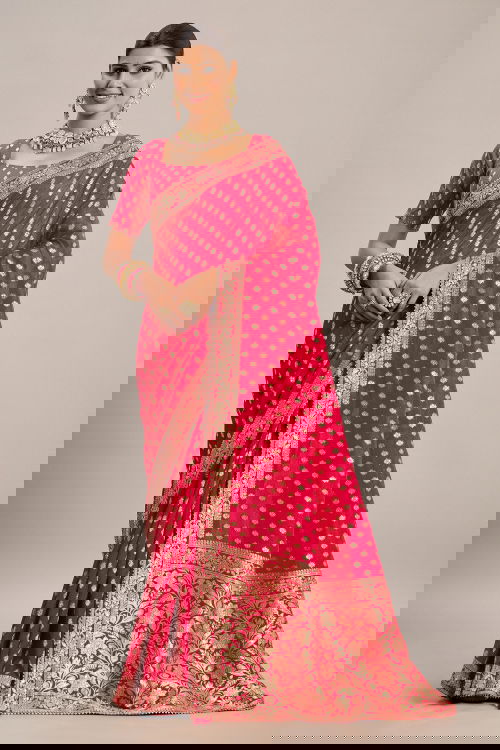 Pink Art Silk Saree with Woven Butti Work and Floral Pallu