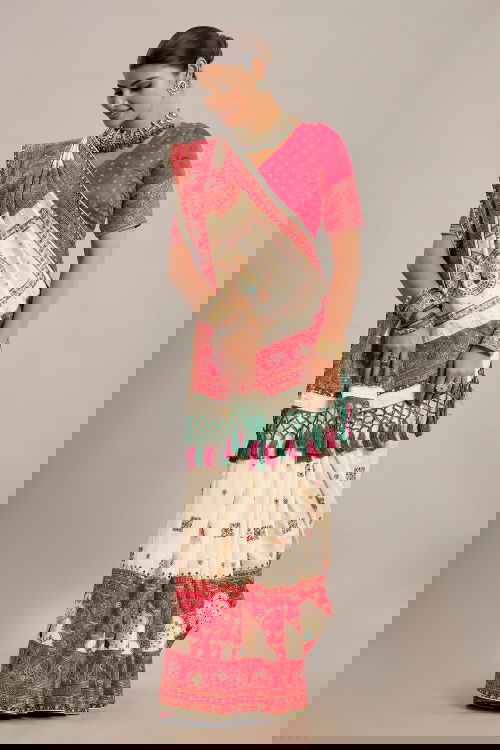 Cream Art Silk Traditional Embroidered Saree with Peacock Motifs