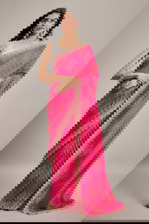 Pink Silk Bandhani Print Saree with Sequin Embellished Scallop Border