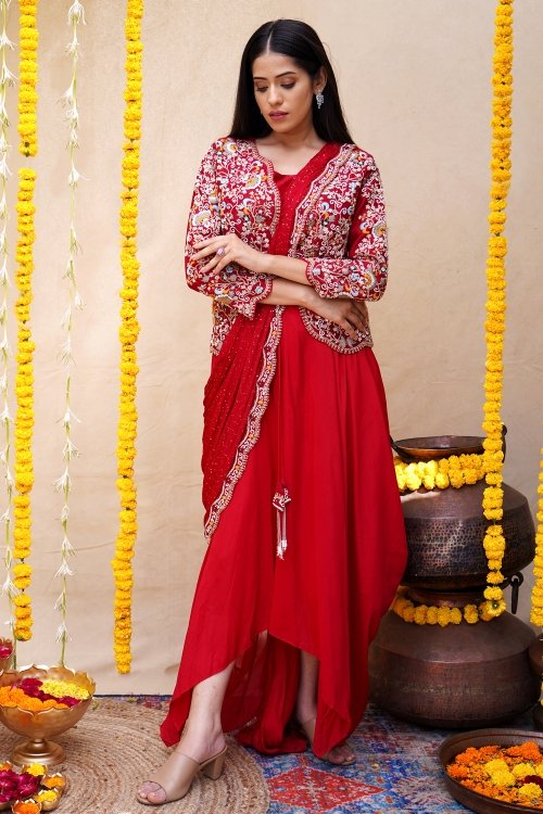 Red Raw Silk Draped Style Dhoti Suit with Jacket