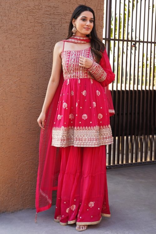 Pink Georgette Sharara Suir with Embroidery
