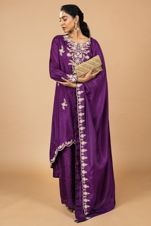 Purple Silk Zardosi Worked Palazzo Suit
