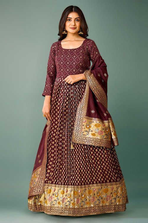 Coffee Brown Georgette Silk Anarkali Suit with Golden Floral Woven Border