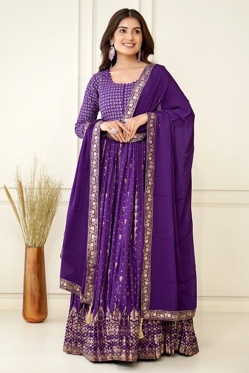 Purple Georgette Silk Traditional Woven Anarkali Suit