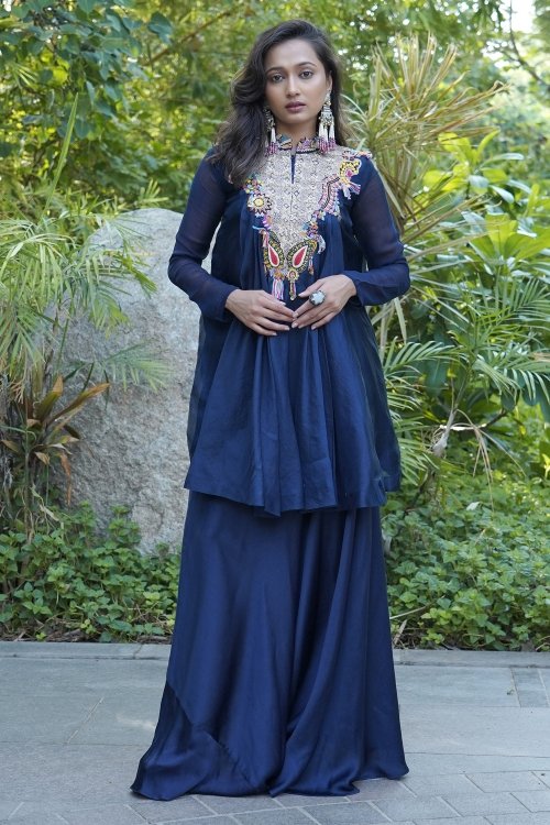 Blue Chiffon Silk Palazzo Suit with Thread and Sequins Patch Work On Neckline