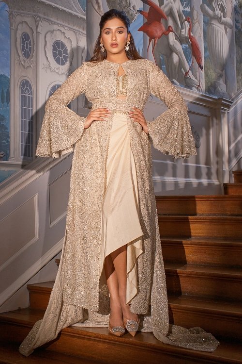 Cream Silk Drape Skirt and Embellished Blouse Set in Raw Silk with Heavy Work Jacket
