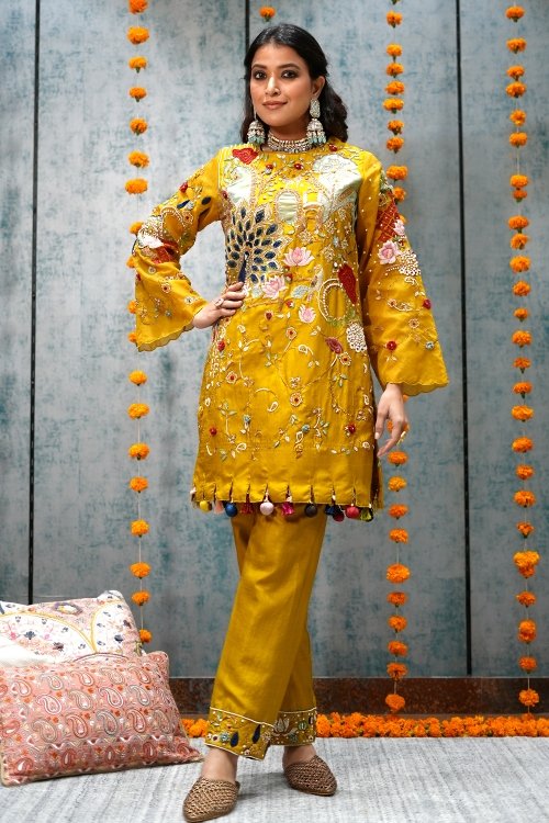 Yellow Heavy Work Suit in Organza with Pearl Work