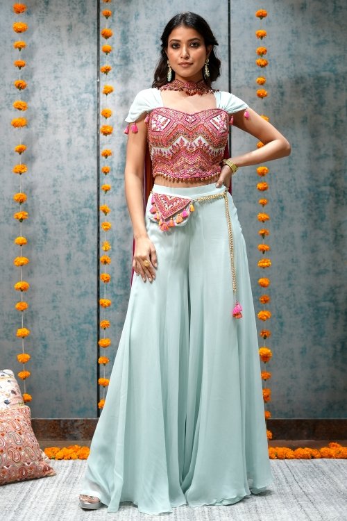 Light Blue Embroidery and Cutdana Work Crop Top Palazzo Set in Georgette with Tassels