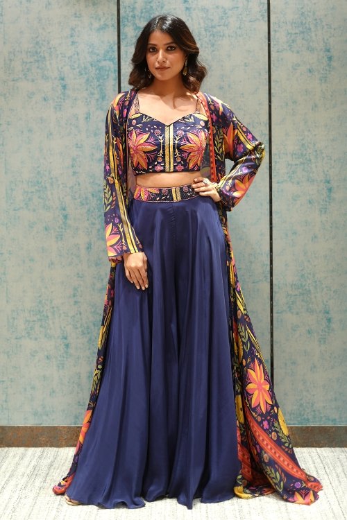 Blue Crop Top Palazzo Set in Satin with Floral Printed Long Jacket