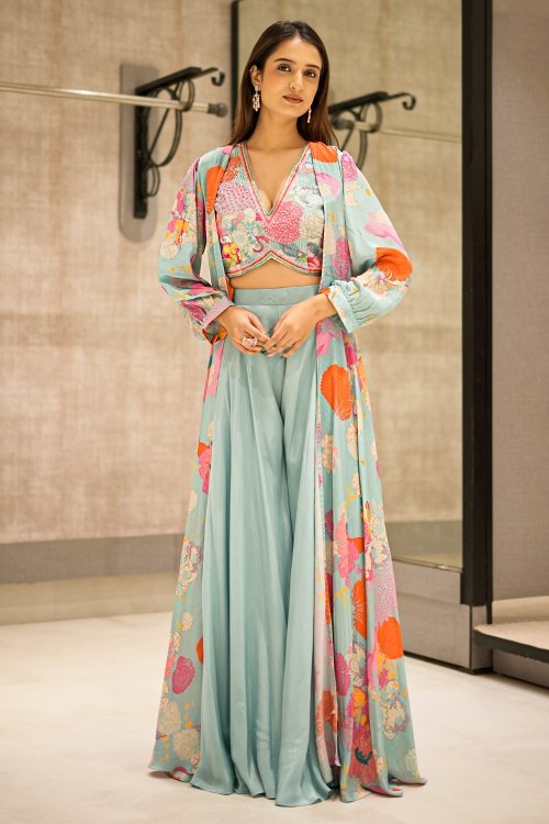 Light Blue Cutdana Work V Neckline Crop Top Palazzo Set in Satin with Printed Long Shrug