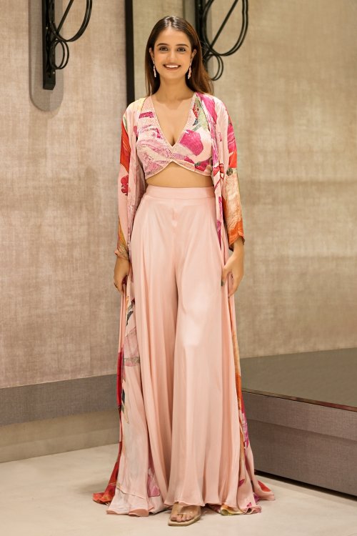 Light Pink Cutdana Work V Neckline Crop Top Palazzo Set in Satin with Printed Long Jacket