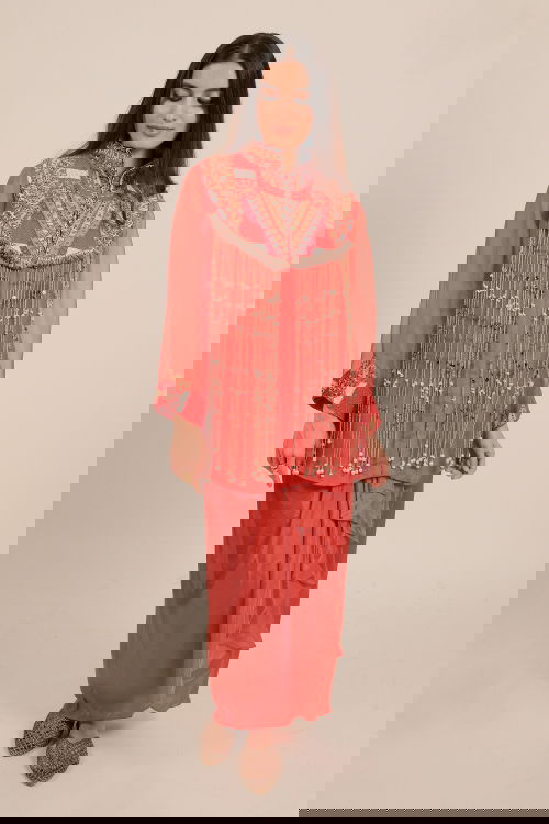 Orange Organza Intricate Embroidery Beaded Dangling Fringe Top with Pleated Skirt
