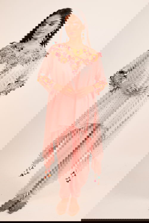 Light Pink Silk Intricate Embroidery and Sequin Worked Top and Dhoti Set