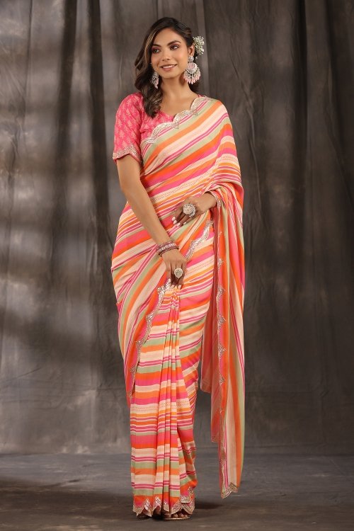 Multi Colored Stripes Printed Saree in Muslin with Applique Work Border