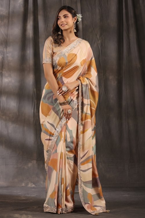 Cream and Multi Colored Printed Saree in Muslin with Gota Patti Border