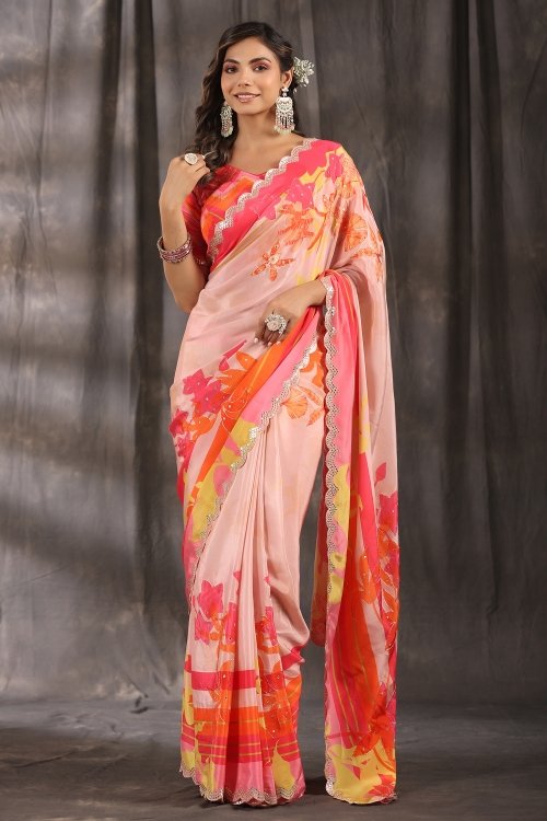 Baby Pink Floral Motifs Saree in Muslin with Embellished Border