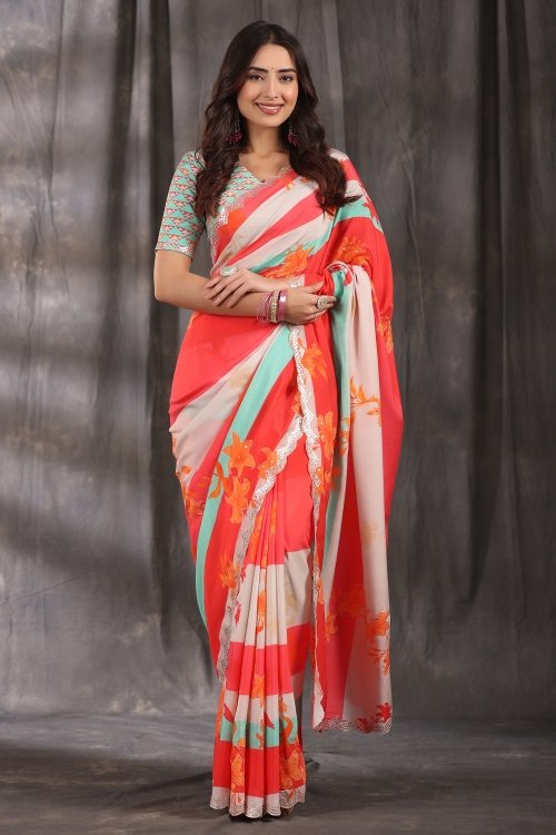 Orange and Off White Floral Printed Saree in Muslin with Applique Work