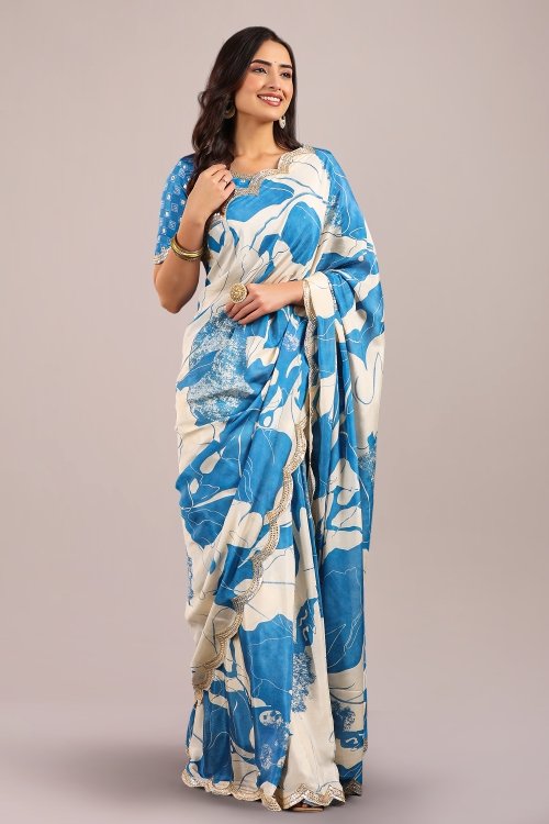 Olympic Blue and Off White Printed Saree in Muslin with Cutdana Work Border