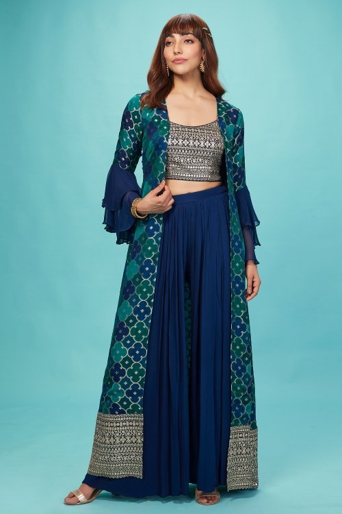 Blue Georgette Sequinned Crop Top Palazzo with Jacket