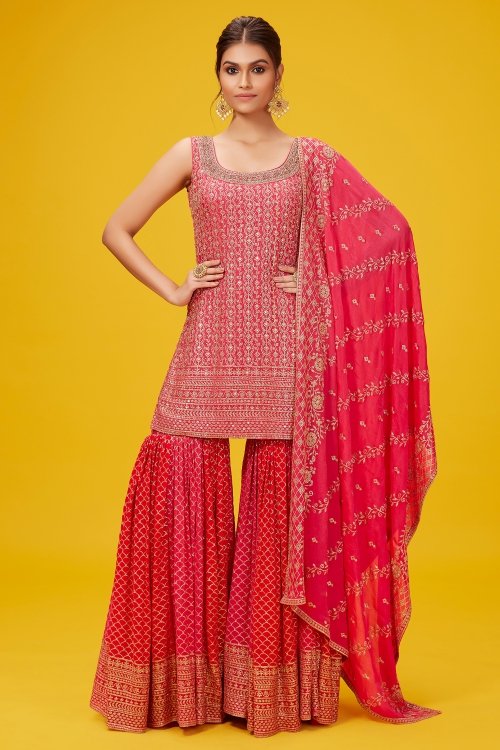 Amaranath Pink Sharara Suit in Georgette with Heavy Embroidery and Sequins Work