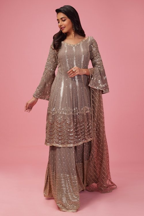 Grey Georgette Sequinned Palazzo Suit