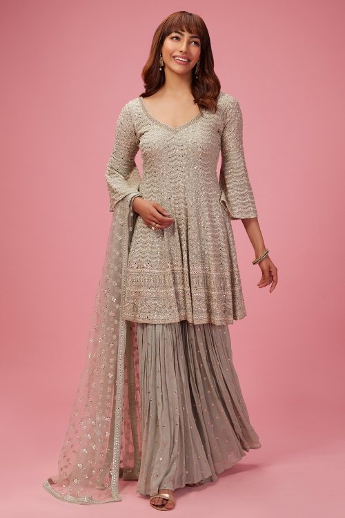 Grey Georgette Sharara Suit with Sequins